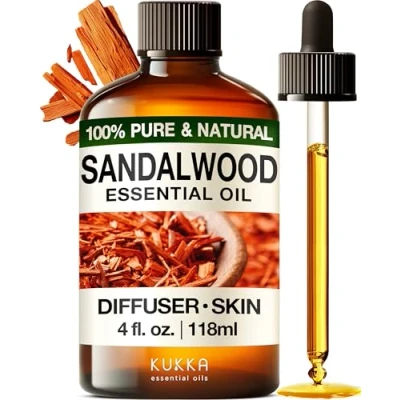Image of Kukka Sandalwood Essential Oil for Diffuser &amp; Skin 118ml 100% Pure Natural Oil, Woody Scent, Massage, Perfume, Hair, Aromatherapy, Candle Soap Making Scent DIY
