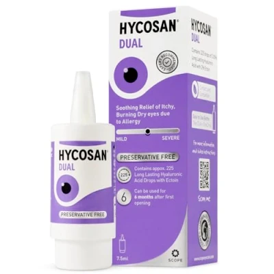 Image of Hycosan Dual Preservative Free Eyedrops 0.05% Sodium Hyaluronate and 2% Ectoin Recommended for Relief from Lipid Deficient Dry Eye Meibomian Gland Dysfunction 7.5ml