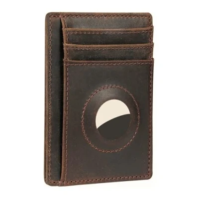 Image of Leather Wallet with AirTag Credit Card Holder For Men and Women Slim Stylish, Rfid Blocking, Front Pocket Thin Minimalist, Brown,