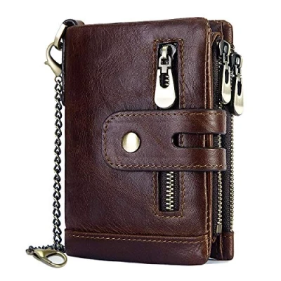 Image of REETEE Mens Wallet RFID Blocking Men&#039;s Genuine Leather and Zipper Coin Pocket Bifold Purse with Chain 16 Credit Card Holder Gents Wallets Slim (Coffee)