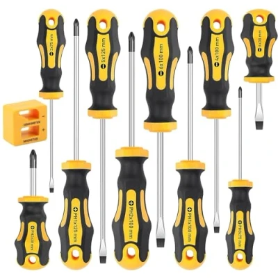 Image of KAHEIGN 11Pcs Magnetic Screwdriver Set, 5 Size Heavy Duty Chrome Vanadium Steel Flat &amp; Cross Head with Non Slip Grip for Repair Home Improvement Craft Tool Box
