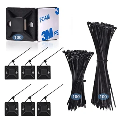 Image of 200 Pcs Cable Ties Black 100 Self Adhesive Wire tie Mount base Holders， Clips with Strong Pads ，Cable Management Set for Home 、 Office、Warehouse, (cable 001)