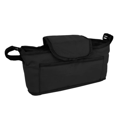 Image of Pet Stroller Caddy Organiser Black Pushchair Pram Travel Accessory Bag Detachable Hook &amp; Loop Straps Elastic Cup Pouch Front Pocket Large Capacity Multifunctional Waterproof Oxford Fabric