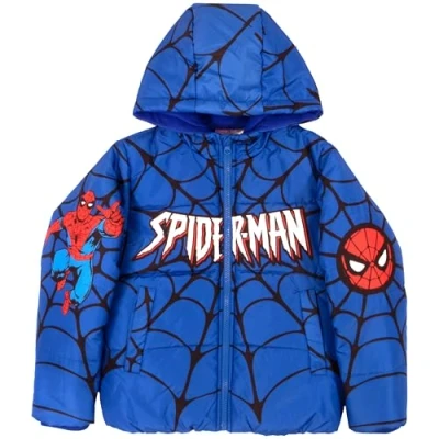 Image of Marvel Winter Coat for Boys Spider Man Graphic Print Puffer Jacket Big and Little Kids (Blue Size 5/6)
