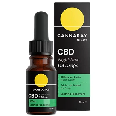 Image of Cannaray CBD Oil Drops for Night Time, 600mg, Soothing Peppermint Strong High Strength 6% with Added Hemp Vegan, THC Free &amp; GMO (10ml)