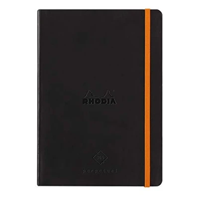 Image of RHODIA 117182C Soft Notebook Diary Perpetual Black A5 128 pages 90G Ivory Clairefontaine Paper Index, Elastic Closure Faux Leather Cover Rhodiarama Collection