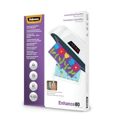 Image of Fellowes A4 Laminating Pouches, Gloss, 160 Micron (2 x 80 Micron) Self adhesive, Pack of 100, clear