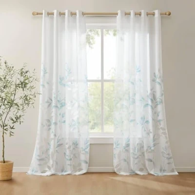 Image of Madison Park Cecily Semi Sheer SINGLE Panel Window Curtain Burnout Botanical Print, Easy to Hang, Fits up 1.25&quot; Diameter Rod, 50x84, Leaves Aqua