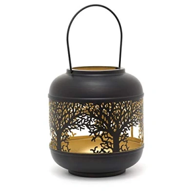 Image of 22cm Black Metal Tree Of Life Cut Out Hurricane Candle Lantern Decorative Holders For Home Garden Patio Small