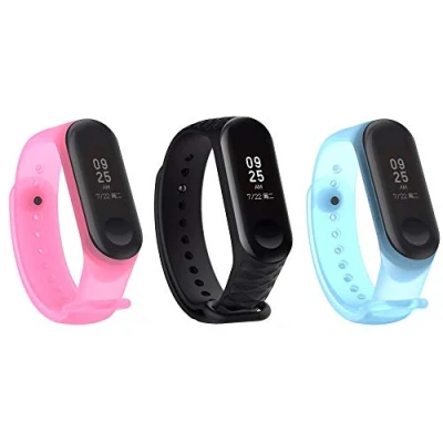 Image of NEO+ Wristband compatible with Xiaomi Mi Band 3, Straps Replacement Pink and blue glow in the dark! (SET OF 3: PINK, RHOMBUS BLACK, BLUE)