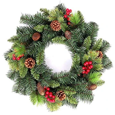 Image of Shatchi Artificial 55cm Pre Lit Christmas Tree Wreath Garland Decorated with Berries and Pine Cones Two Colours Mixed Tips Door Wall Hanging Decorations Xmas Home LED Light Up Décor