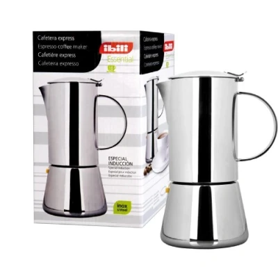 Image of IBILI Essential Express Moka Pot, 2 Cups, 100 ml, Stainless Steel, Suitable for Induction Hobs,12 x 12 30 cm