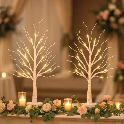 Image of MOSII Set of 2 Twig Tree with Lights 60cm/2FT, Battery Operated Small White Christmas 24 Warm LEDs, Birch For Tabletop Decoration, Decorations Indoor, Xmas Table Centrepiece
