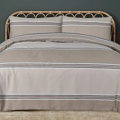 Image of Sleepdown Duvet Cover Set Natural Geometric Banded Stripe Reversible Quilt Easy Care Bed Linen Soft Cosy Bedding Sets with Pillowcase Single (135 cm x 220 cm)