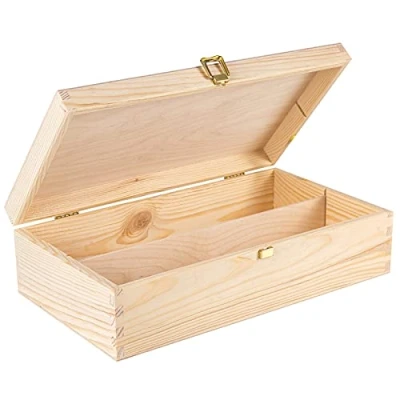 Image of Creative Deco Unpainted Wooden Wine Box with Clasp 2 Bottles 35x20x10cm Natural Wood Holder Bottle Gift Christmas Xmas Storage Chest Presentation
