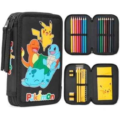 Image of Pokemon Filled Pencil Case for Kids, Pikachu Stationery Set Anime Gifts (Black/Multi)