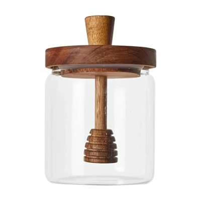 Image of Honey Jar With Dipper And Lid 500ml Glass Pot Drizzler Clear Beehive For Home Kitchen Dispenser Wooden Storing Dispensing