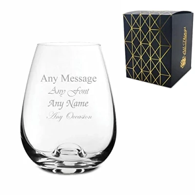 Image of Personalised Engraved 11oz Dimple Base Stemless White Wine Glass, Gift Boxed, Personalise with Any Message for Occasion