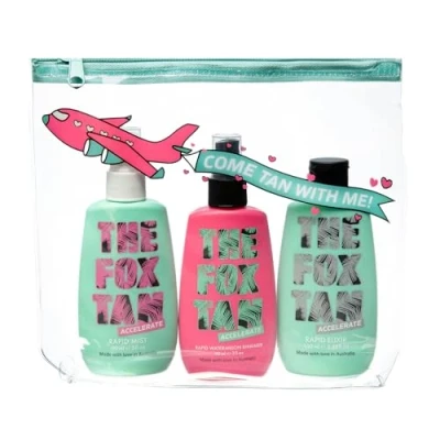 Image of The Fox Tan Set of 3 Tanning Accelerators Jet Setter Without Self for Body and Face, with: Lotion Rapid Elixir, Spray Mist, Watermelon Shimmer