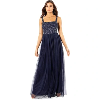 Image of Maya Deluxe Women&#039;s Navy Strappy Delicate Sequin Maxi Dress Bridesmaid, 12