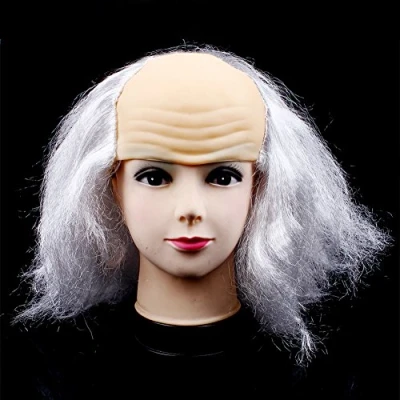 Image of Bald Head Wig Halloween White Funny Old Man Novelty Scientist Cosplay Cap Half Crazy Mad Professor for Women Men Teens Costume Party Supplies