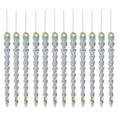 Image of AKH® 13CM / 5&quot; Christmas Hanging Icicles Ornaments Bubbles Tree Decorations Pack of 12 Glitter Baubles Icicle (Iridescent)