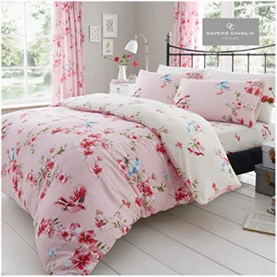 Image of Gaveno Cavailia Botanical Birdie Blossom Single Duvet Set Pink Bedding, 2 Piece Cotton Blend Reversible Floral Bedlinen, Easy Care Bedset, 1 Quilt Cover + Pillow Case