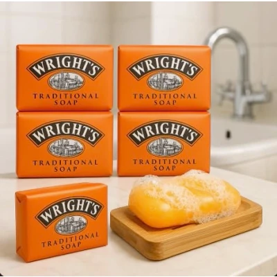 Image of Wright&#039;s Coal Tar Traditional Soap Pack of 4 with Sanitral Natural Wooden Bamboo Dish Storage Holder Cleaning Set
