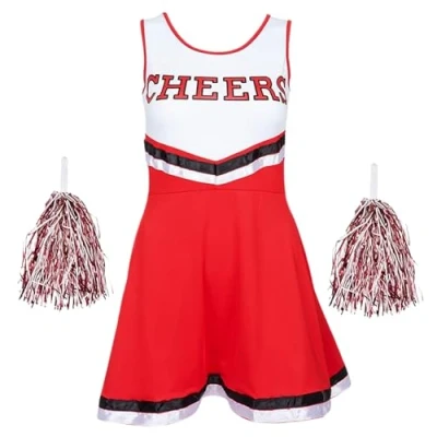 Image of Girls Cheerleader Fancy Dress Costume Party Halloween Cheers Outfit with Pom Poms (Red, 10 12 years)