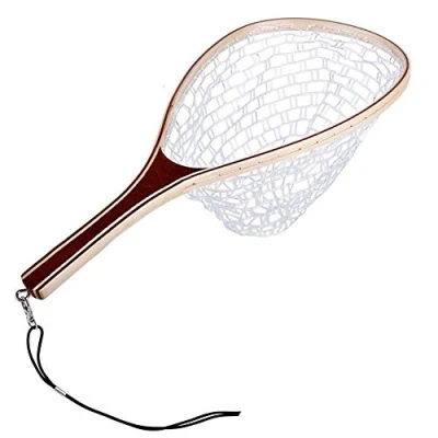 Image of Fishing Landing Net, Wooden Handle Rubber/Nylon Mesh Fly Net Catch Release Scoop white Rubber