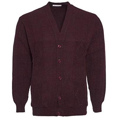 Image of Mens Knitted Cardigan Classic Style Cardigans V Neck Button Jumper Plain Coloured (XX Large, Wine)