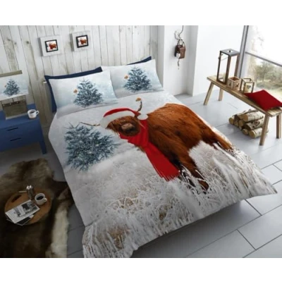 Image of GC GAVENO CAVAILIA Christmas Cow Bedding Set Festive Animal Printed Duvet Cover With Pillowcase Reversible Xmas Trees Quilt Sets Single Snowy Multi