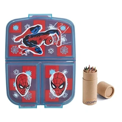 Image of OM SUPPLIES Spiderman Reusable Sandwich Lunch Box 3 Multi Compartment Kids Children School Includes Half Size 12pcs Pencil Set (Spiderman)