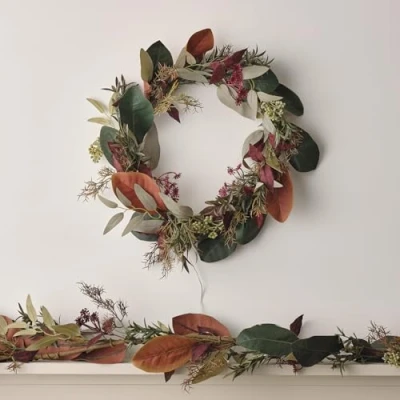 Image of Lights4fun Artificial Autumn Winter Wreath and Garland Set with Faux Eucalyptus Leaves