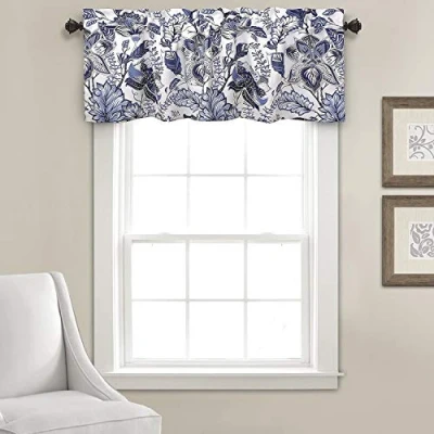 Image of Lush Decor Cynthia Jacobean Floral Print Single Curtain, 18&quot; L Valance, Blue