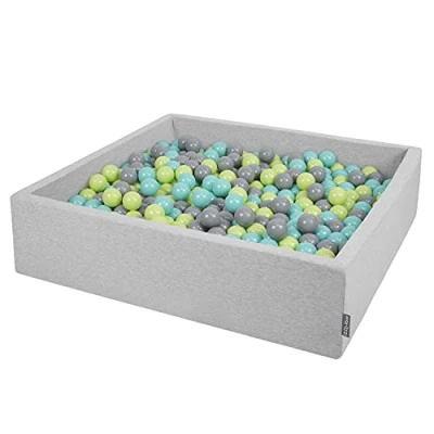Image of KiddyMoon Soft Ball Pit Square 120X30cm/600 Balls ∅ 7Cm / 2.75In For Kids, Foam Pool Baby Playballs Children, Made In EU, Light Grey:Light Green Turquoise Grey