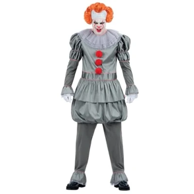 Image of Smiffys IT Chapter Two Pennywise Costume for Adults, Top with Neck Ruffle and Trousers, Grey, Officially Licensed, Ideal Halloween Matching Group Fancy Dress Parties