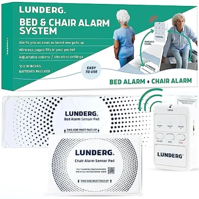 Image of Lunderg Bed Alarm for Elderly Adults &amp; Chair Set Wireless Sensor Pad (10 x 30), Pager Alarms and Fall Prevention Seniors Dementia Patients Full Caregiver