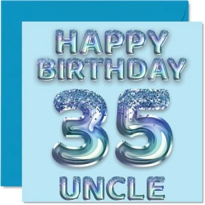 Image of 35th Birthday Card for Uncle Blue Glitter Party Balloons Happy Cards 35 Year Old from Nephew Niece, 145mm x Bday Greeting Gift