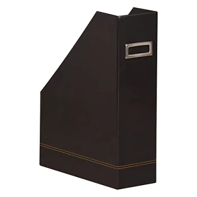 Image of RHODIA 118836C Black Magazine Rack 10x25x31 cm Orange Saddle Stitching Faux Leather Exterior Rhodiarama Home Office Collection Organization &amp; Designer Storage