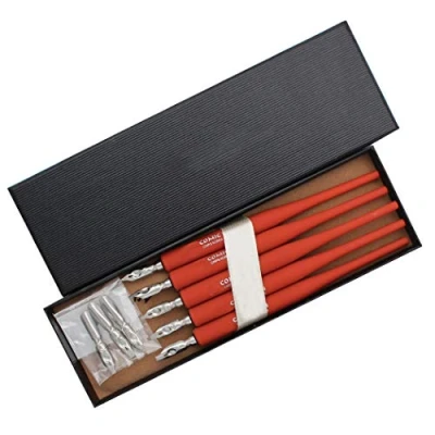 Image of SIPLIV Plastic Professional Manga Gothic Pen Dip Set with 5 Nibs Calligraphy Drawing Kit Pcs, Red