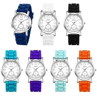 Image of JewelryWe 7PCS Silicone Band Colorful Jelly Wristwatch Round Analog Quartz Casual Watches for Men Women Students Teens