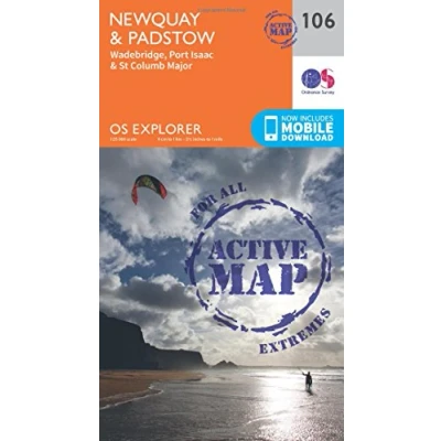 Image of Newquay &amp; Padstow Map Weatherproof Wadebridge, Port Isaac St Columb Major Ordnance Survey OS Explorer Active 106 England Walks Hiking Maps Adventure
