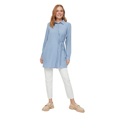Image of Trendyol Women Modest Relaxed Tunic Shirt collar Woven Shirts Blue