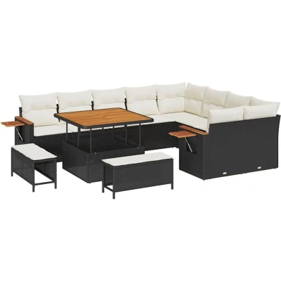 Image of vidaXL 12 Piece Garden Sofa Set with Cushions Black Poly Rattan Acacia