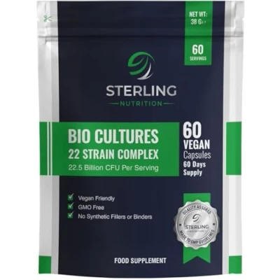 Image of Bio Cultures Probiotic Complex: 22.5B CFU, 22 Live Bacteria Strains, Digestive Enzymes for Men &amp; Women. 60 Super Strength Vegan Capsules. Made in UK. by Sterling Nutrition.
