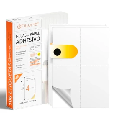 Image of OFITURIA White Adhesive Label (A4) Print Sticker Paper Pack 100 Sheets with Permanent and Easy to Peel (100 Sheets, A6)