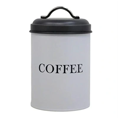 Image of Monsoon Airtight Coffee Canister White &amp; Grey Barrel Storage Round Metal Caddy Individual Jar Kitchen Container Tin Vintage (Coffee)