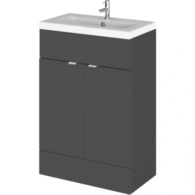 Image of Hudson Reed CBI907A Fusion Modern Bathroom 2 Door Floor Standing Vanity Unit and Full Depth Ceramic Basin, 600mm, Gloss Grey