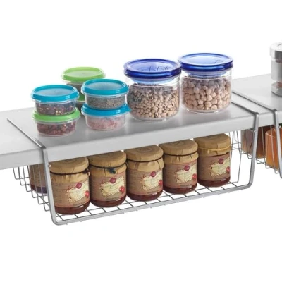 Image of Metaltex Kanguro Cupboard Organiser, Under Shelf Storage Basket with Polytherm Coating for Long Term Use, Silver, Size: 40 cm